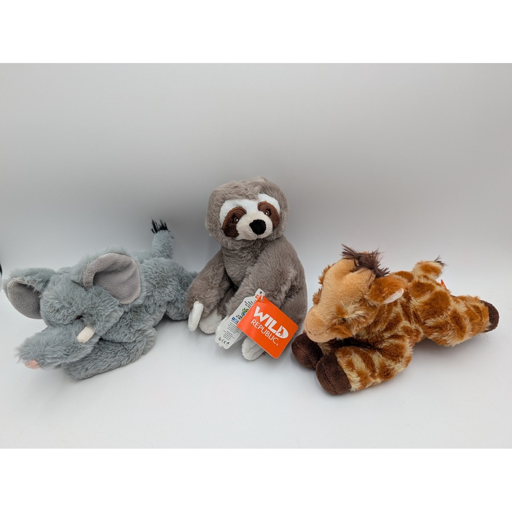 Wild Republic Plush Lot Elephant Sloth Giraffe Safari Lot of 3 Stuffed Animal